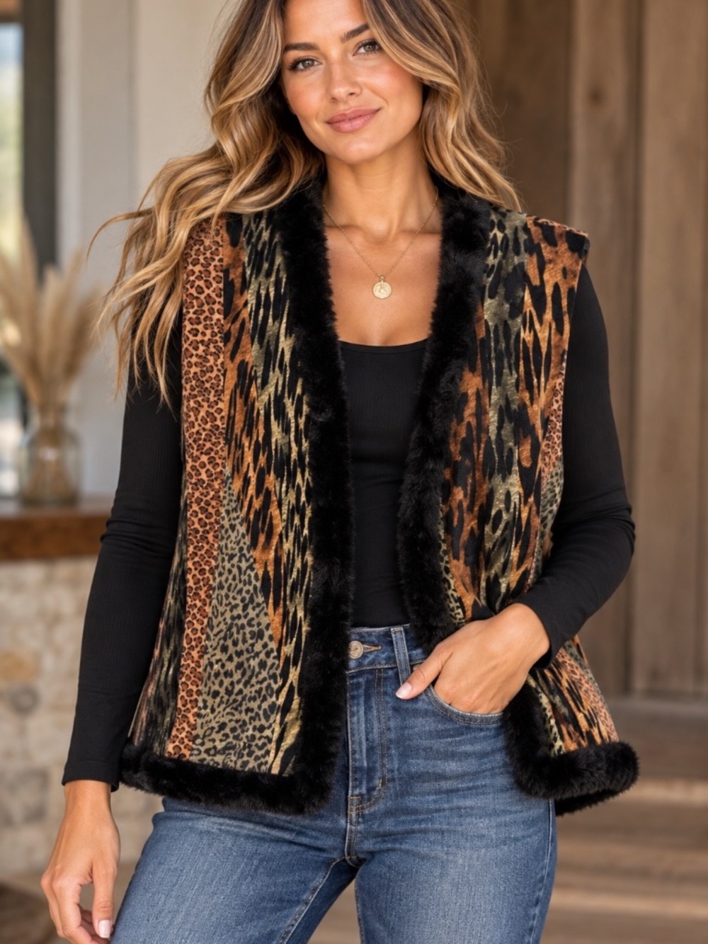 City Girl By Nancy Bolen Faux Fur Vest Womens Size Large Animal Print Mob Wife